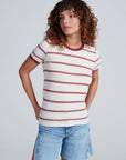 ASKK Classic Ringer Tee in Brick Stripe paired with denim shorts, casual look on light background, Bungalow Furniture.