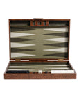 Open Palma de Mallorca backgammon set in wood veneer with green and white leather field and metal latch.