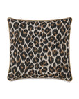 The Bagira Spot with Small Welt 22x22 throw pillow by Eastern Accents features a brown, black, and beige leopard print on a white background with subtle piping along the edges for a stylish neutral accent.