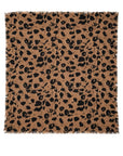 Brown and black cheetah print cashmere bandana with frayed edges by Kerri Rosenthal, displayed flat.
