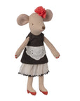 Maileg Beautician Mouse Mum in black dress, white apron, red shoes and headband; magnetic paws.