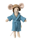 Maileg Mum and Dad Mouse in dusty blue bathrobe with stitched details, brown hat, and small tail.