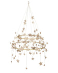 The Faire Gold Sparkle Star Chandelier features two gold rings with plant-based glitter stars suspended from strings, creating a whimsical celestial Pajaki-inspired decor perfect for any space.