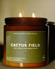 A lit brown glass candle labeled "Cactus Field" by Faire, with notes of kiwi, citrus, tonka bean, and peach, is phthalate-free and rests on a surface against a neutral background.