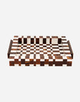 Camiro small rectangular coffee table tray in brown and white checkered pattern with dark handles by Bungalow Furniture.