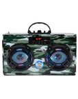 The Faire Green Camo Wireless Boombox with FM Radio features a vintage design, two large speakers, LED display, colorful lights, control buttons, and carrying handle—perfect for music on the go.