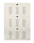 The Sir/Madam Tea Towel features a chart of beef, pork, and lamb types with animal icons and country origins in neat rows. Dense small text spans the 18x28 pure linen towel for a unique kitchen accent.