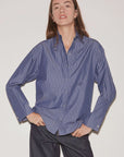 Roseanna long-sleeve pinstriped chemise shirt in blue with a stand-up collar and chest logo.