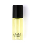 A small glass bottle of Faire Child Perfume Oil Roll with a black cap and light yellow liquid, known for its exotic white florals and artisanal blend, is displayed upright on a white background.