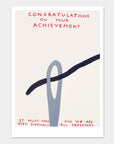 The Faire "Congratulations On Your Achievement Postcard" features a minimalist needle with dark blue thread, Shrigley-inspired. Red text above reads "Congratulations on your achievement," with supportive words below.