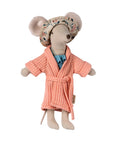 Maileg plush in coral bathrobe with blue bow and floral hat, by Maileg, perfect for kids’ room or playtime.