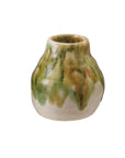 The Creative Co-op Crackle Glaze Vase features a small, round ceramic design with a narrow opening and a reactive green, brown, and cream crackle drip glaze for an organic, nature-inspired look.