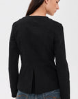 Denimist Shrunken Officer Jacket in blue denim, shown from the back with model wearing blue jeans.