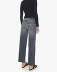 Gray wide-leg Mother’s The Dodger Flood jeans styled with black top and sandals, back view.