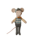 Little brother mouse plush wearing a green cap, bowtie, and argyle sweater from Bungalow Furniture & Accessories.