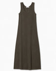 Sleeveless dark olive green rib midi tank dress by Perfectwhitetee, round neckline, laid flat.