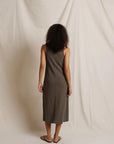 Perfectwhitetee Edith Heavy Rib Midi Tank Dress in neutral tone, back view, paired with sandals, casual modern style.