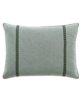 The Elspeth Gimp Pillow by Eastern Accents is a rectangular light gray cotton pillow featuring two dark green embroidered stripes, small gold accents, and an emerald trim that elevates its simple, modern design.