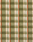 Faire's Boston Cocktail Napkins feature a plaid pattern in olive green, beige, and white with thin red and orange stripes. The textured woven design adds a stylish touch to any gathering.