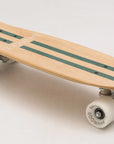 The BANWOOD SKATEBOARD - GREEN by Faire is crafted from Canadian Maple, with two green stripes, white wheels, silver trucks, and "BANWOOD" on the deck—delivering a classic cruiser look.