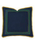 The Fairuza Embroidered Pillow by Eastern Accents features dark blue linen with green and blue geometric embroidery and gold fringe trim. This navy pillow brings a touch of elegance to any space.