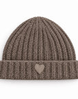 Ribbed merino wool beanie in brown by Kerri Rosenthal, featuring a small heart patch on the folded cuff.
