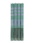 The Faire Striped Beryl Green & Moonstone Candles S/2 features hand-poured, Fair Trade candles in green and gray stripes, arranged upright against a white background—an elegant addition to any table setting.