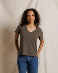 Perfectwhitetee Hendrix Boxy V-Neck Tee in dark olive paired with jeans, casual style, neutral background.