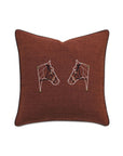 The EQUESTRAIN Pillow by Eastern Accents is a square brown equestrian decorative pillow with two outlined embroidered horse heads facing each other, white stitching, gold accents, and subtle nailhead detail on a plain white background.