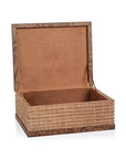 Open Zodax Burlwood & Raffia Box L with a textured woven lid and natural wood grain finish.