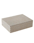 The Global Views 791669 Infinity Box L is rectangular with a handcrafted resin finish, displaying beige and black geometric triangles on all sides over a white background.