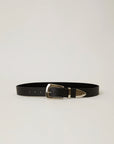The B-Low The Belt Jordana Mini is a genuine leather Western belt with a shiny silver buckle and pointed tip, shown against a plain light background.