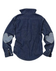 Keaton Denim Shirt in dark rinse with heart elbow patches by Kerri Rosenthal, back view, casual women’s top.