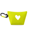 The KR Heart Wristlet by Kerri Rosenthal is a bright yellow cotton canvas clutch with a white heart center, lined interior, and black floral-patterned strap—combining charm and functionality in one stylish accessory.
