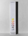 A tall, rectangular white box labeled "Lagoon Incense Sticks | Lush & Seductive" in colorful letters. The luxury Faire packaging notes "5 premium hand rolled clean-burning incense sticks," casting a shadow on a gray background.
