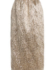 High-waisted gold metallic crinkled silk skirt by Rachel Comey with textured finish on a white background.