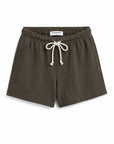 Olive green French terry lounge shorts with white drawstring, Perfectwhitetee Layla Terry Short, casual loungewear.
