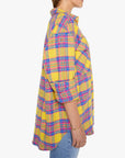 Oversized yellow, pink, and blue plaid cotton flannel shirt, The Lazy Sunday, from Bungalow Furniture & Accessories.