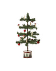 Maileg Christmas tree with miniature candles, red ornaments, and mushrooms in a patterned base.