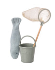 The Maileg Fishing Set by Maileg includes a light grey fabric fish, a pale green bucket, and a toy fishing net with a wooden handle—ideal for imaginative adventures with your mouse family.