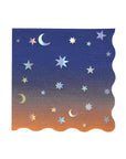 The Faire Making Magic Star Large Napkins feature a blue-to-orange ombre background, scalloped edges, and iridescent stars and moons—ideal for wizard-themed decor or as unique Halloween party napkins.