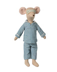 The Maileg Medium Mouse, Pyjamas by Maileg features a cuddly plush mouse in blue and white striped pajamas with a dotted sleep mask, standing upright—ideal as a bedtime companion.