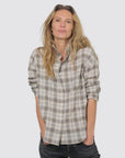Monday12 Miles Shirt in beige and black plaid Japanese cotton worn with dark jeans.