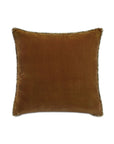 The MONTAGNE VELVET euro sham by Eastern Accents features square, brown velvet with a subtle sheen and dark gold fringe trim, shown against a white background.