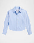 The Belle by Cissa: a light blue, long-sleeve shirt featuring white vertical stripes, relaxed fit, pointed collar, and single chest pocket, shown on a plain white background.