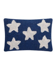 The Faire Patriotic Stars Pillow is a rectangular blue wool hooked pillow with five white textured stars, perfect as a festive throw for 4th of July celebrations.