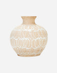 The Import Collection’s Presden Tall Vase is a round beige stoneware vessel with a narrow neck and textured surface featuring white circular patterns, ideal for modern decor. Shown against a plain white background.