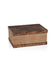 Zodax burlwood and raffia box with a woven center and suede lining.