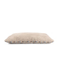 Bungalow Furniture & Accessories stone Sherpa Pillow Dog Bed, rectangular beige memory foam bed with blue/tan trim.