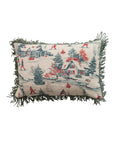 Vintage skiing lumbar pillow by Creative Co-op featuring a red and green winter landscape and fringed edges.